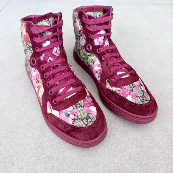 Gucci Coda Bloom GG Monogram High Tops Sneakers Red Suede Floral EU 38.5 US 8.5 - Picture 2 of 10